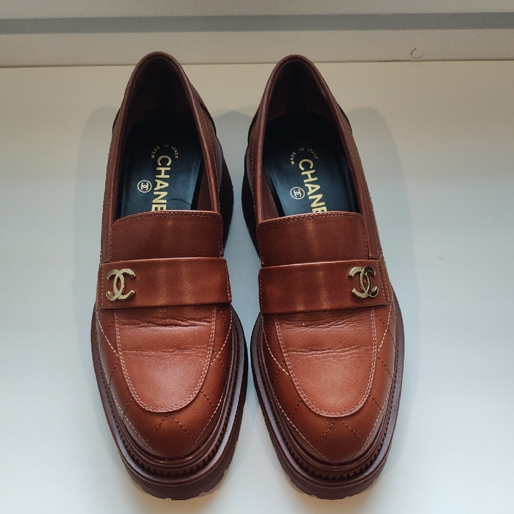 CHANEL Brown Leather CC Logo Penny Loafers